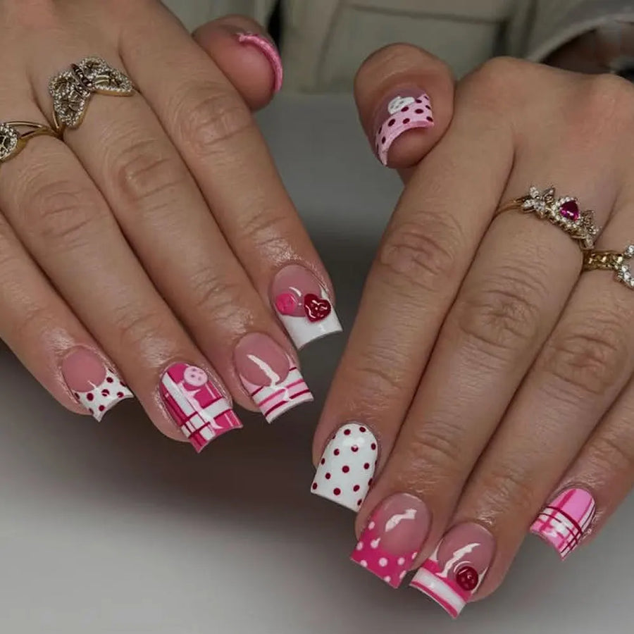 Pink & White Heart Button Plaid French Press-On Nails – Short Square, 24 Pcs