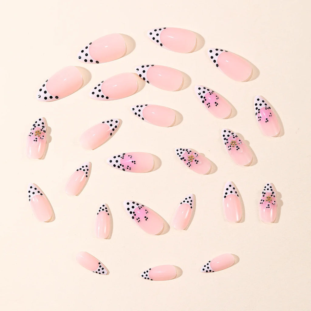 Medium fake nails for women gilrs 3D pink red golden flowers leopard polka dots design french almond tips press on nails art