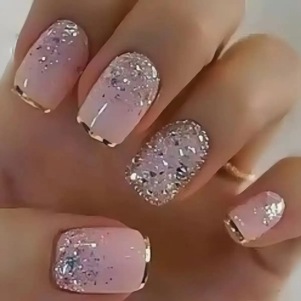 White & Pink Gold Silver Glitter Frame Press-On Nails – Medium Square