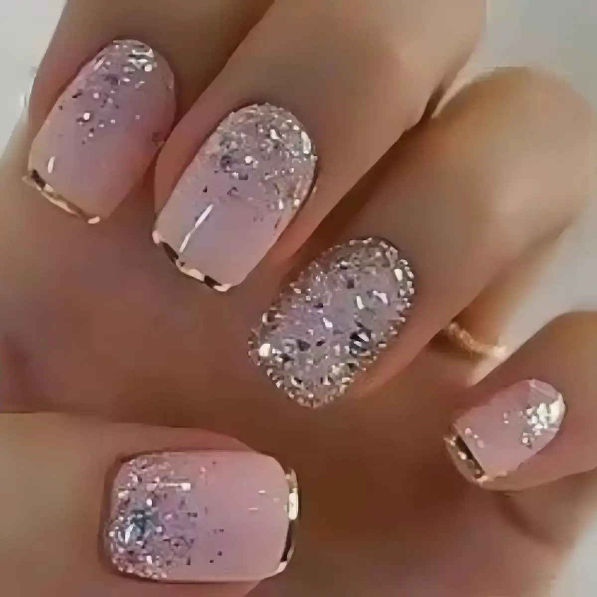 Medium Square fake nails for women girls white pink nail tips with golden silver sparkling glitters frame design press on nail