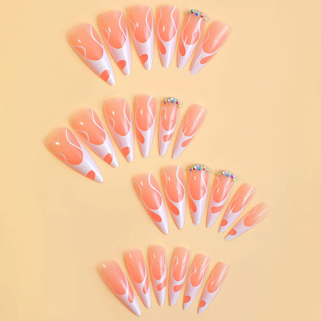Short Medium fake nails for women gilrs Square almond nail art tips black pink white pattern with rhinestones press on nail art