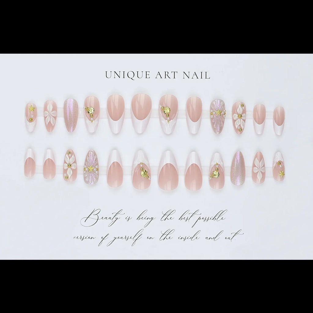 Medium fake nails for women french style Nude white almond nail tips with flowers rhinestones full cover reusable press on nails