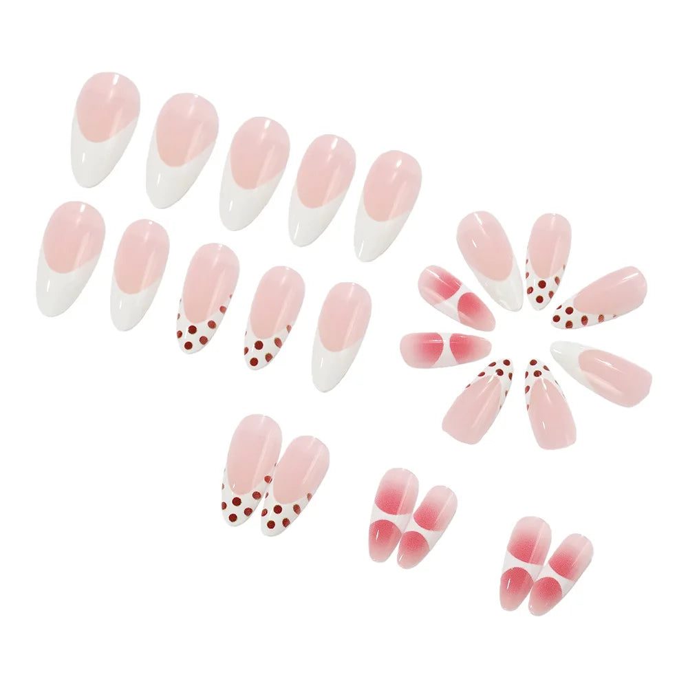 Medium fake nails gradient red pink white fashion Polka dots design full cover french Almond nail tips press on false nail art