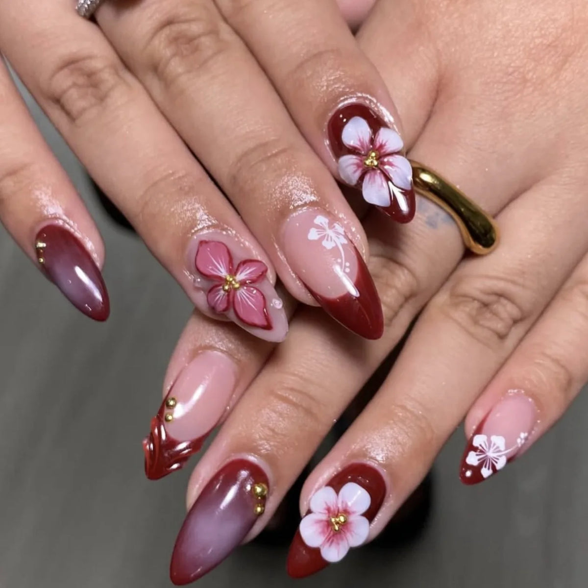 3D fake nails for women girls New Year red colors embossed flowers golden beads design french almond tips press on false nail