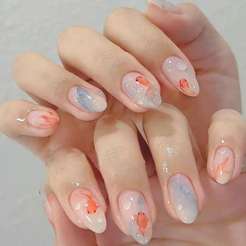 24pcs/set Medium Long Fake Nails for Summer Gradient Blue Ocean Jellyfish Water Plan Fish Cute Square Tips Press On False Nail