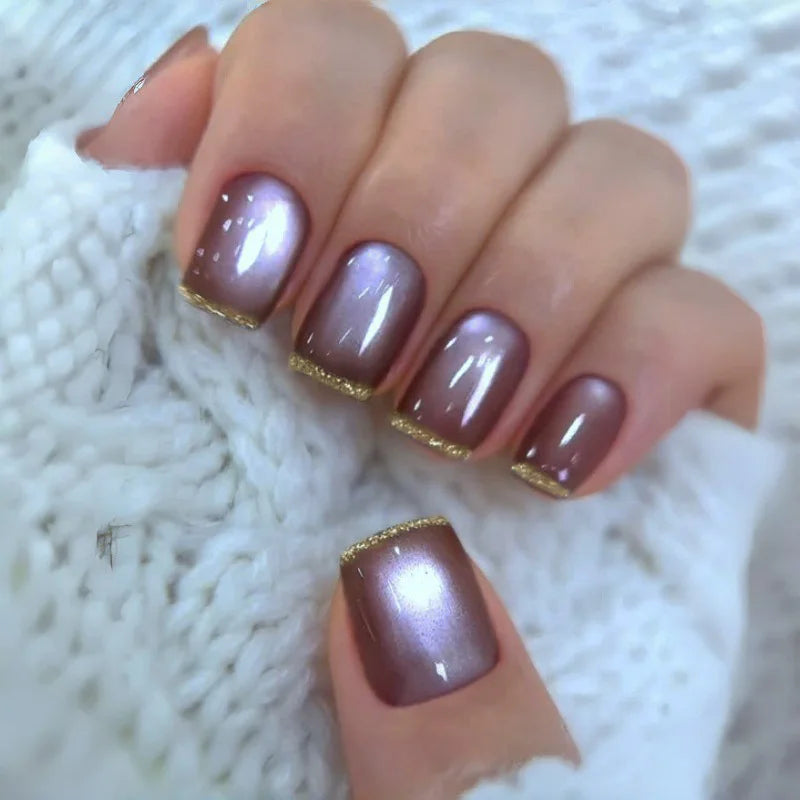 Short Square fake nails for women girls nude coffee cat eyes nail tips with golden glitter edge full cover press on false nails