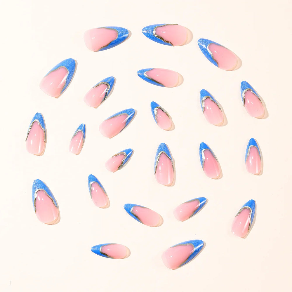 Blue Cat-Eye French Tip Press-On Nails – Almond, 24 Pcs
