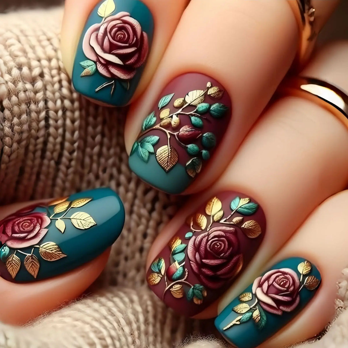 Medium Long Fake Nails for Women Golden Gilding Rose Flowers Blue Red Square Ballet Full Cover Nail Tips Press On False Nail Art