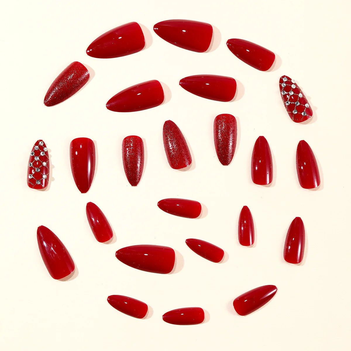 Medium Long Fake Nails for Women Girl Sparkling Glitter Red Nail Tips for New Year Party Almond Square Shape Press On False Nail