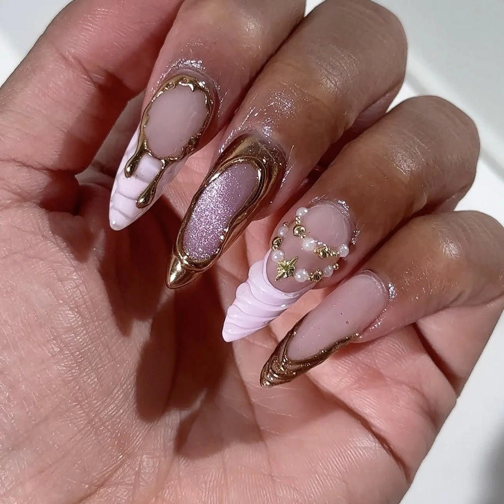 3D Gold Frame Flower Pearl Bow Almond Press-On Nails – Pink Red Gradient