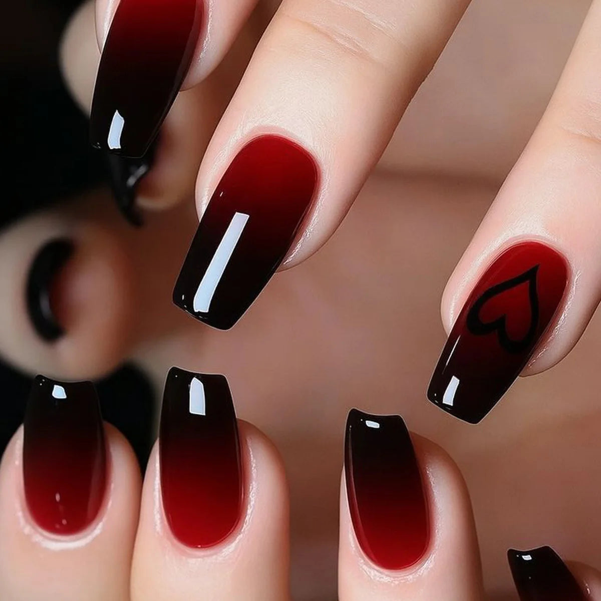 Gradient red black false nails cute heart print ballet shape for Valentine's Day full cover reusable press on Artificial Nails