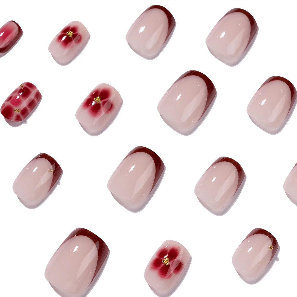 Wine Red Smudged Flower Gold Bead Press-On Nails – Short Square, 24 Pcs