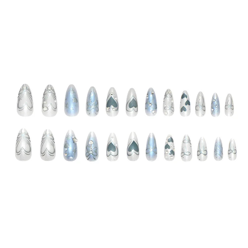 Dream Blue Y2K Chrome Heart & Butterfly Press-On Nails – Almond, 24 Pcs