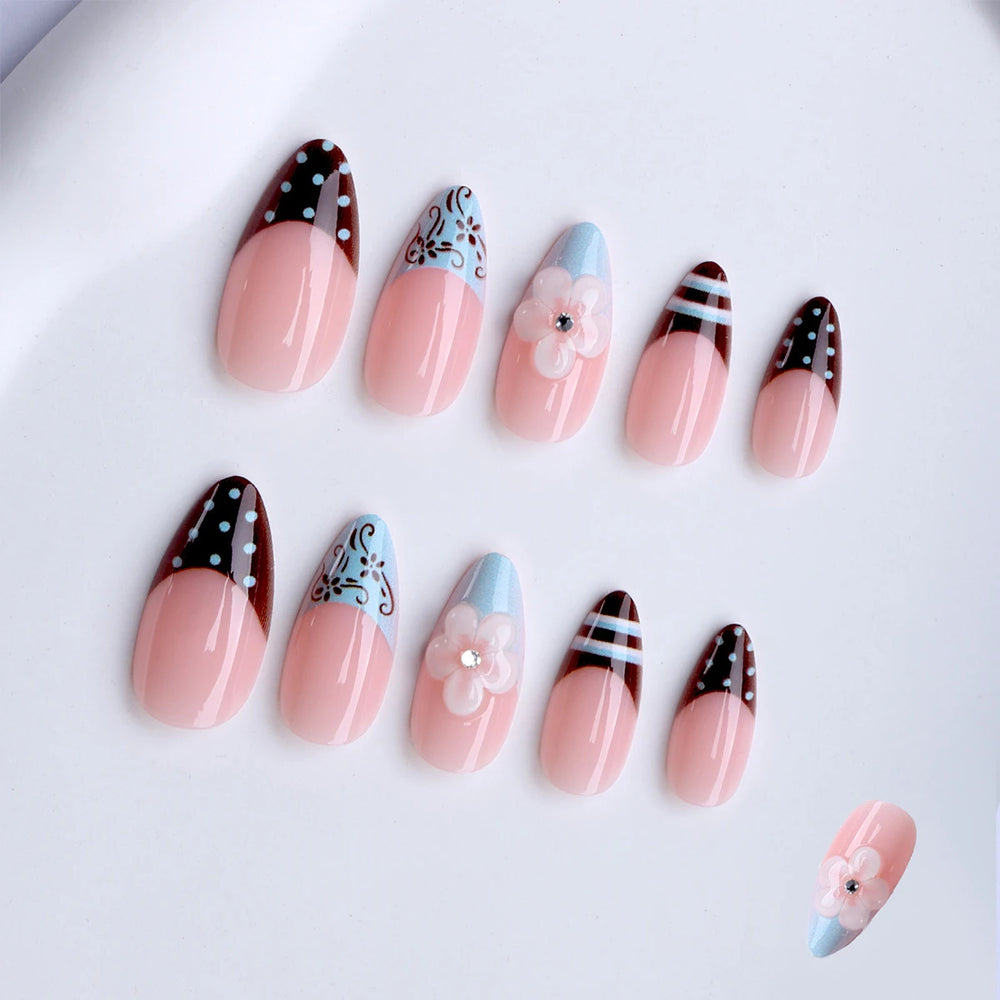 Blue Polka Dot White Flower Press-On Nails – Almond, 24 Pcs