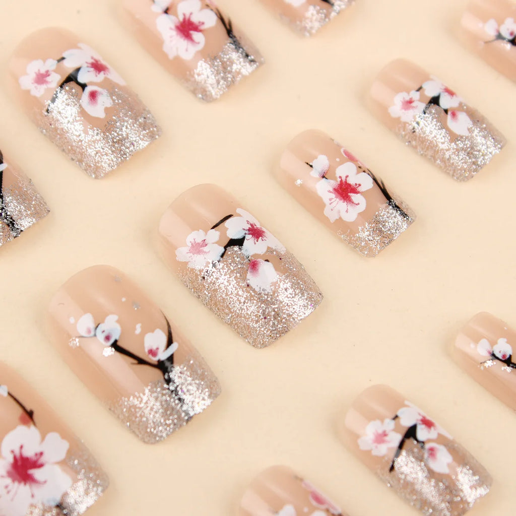 Short Medium fake nails pink peach flowers with sparkling glitters for Spring summer Square almond tips press on false nail art