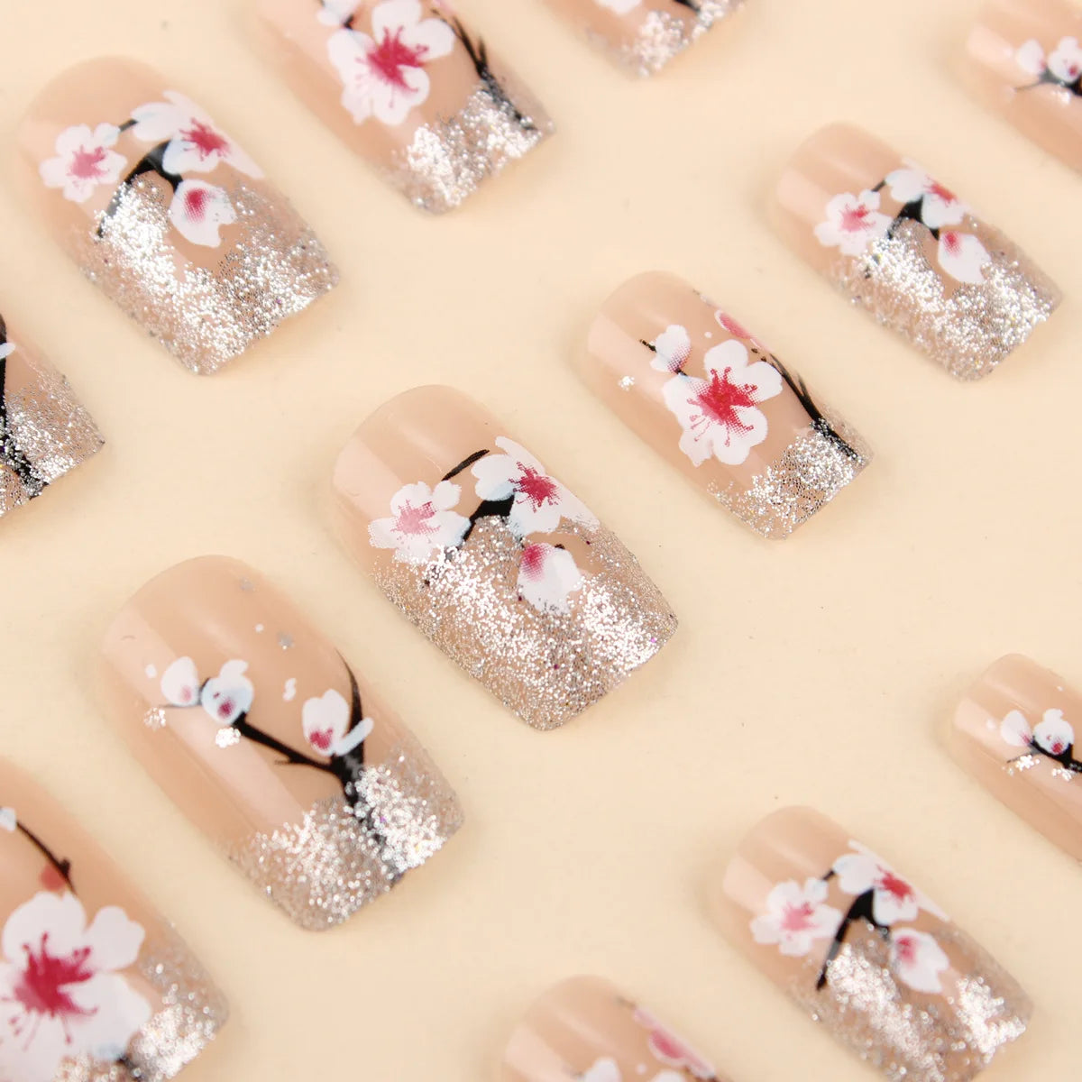 Short Medium fake nails pink peach flowers with sparkling glitters for Spring summer Square almond tips press on false nail art