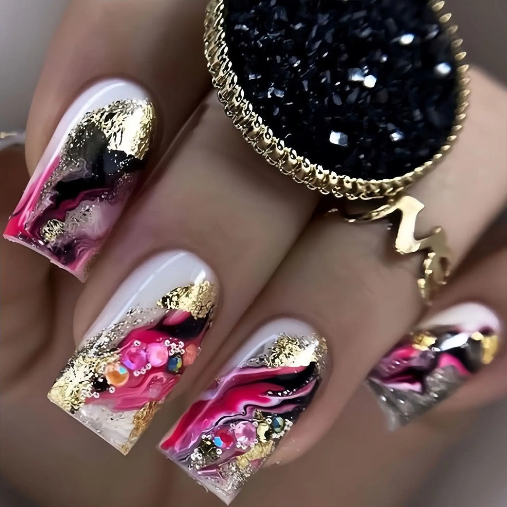 Medium fake nails for women gilrs gradient pink black white marble strips with golden foil design square nail tips press on nail