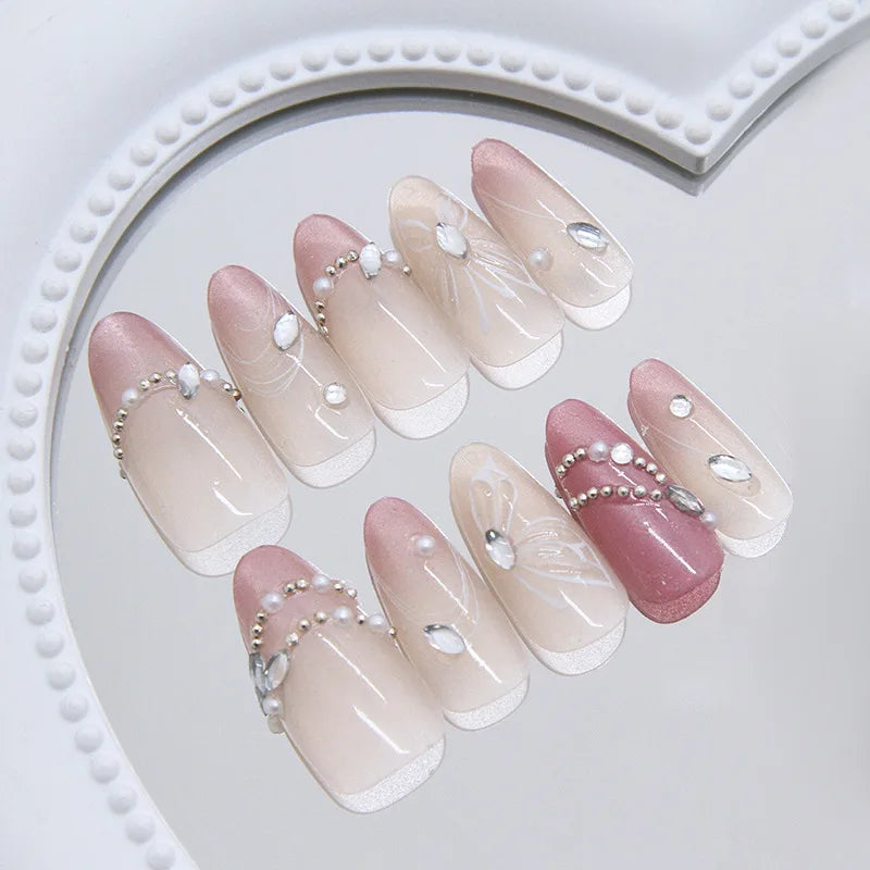 3D fake nails for women girls glossy shimmer cat eyes with flowers rhinestones design full cover almond tips press on nails art