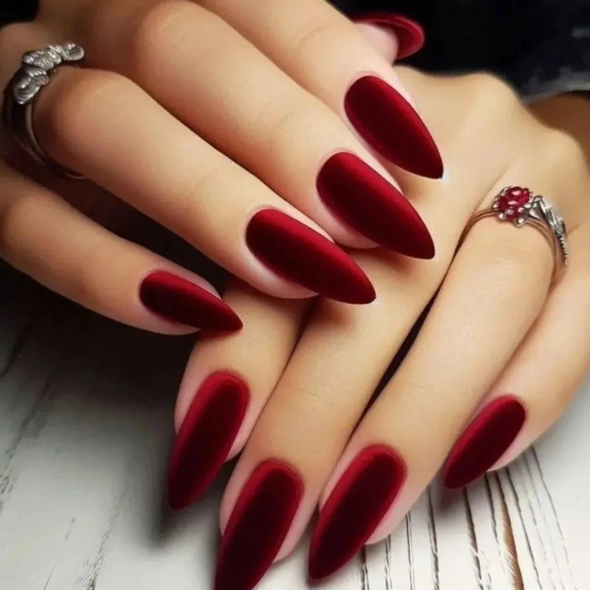 24pcs/set Velvet red fake nails for women girls New year Party Medium almond ballet matte nails tips press on false nail art
