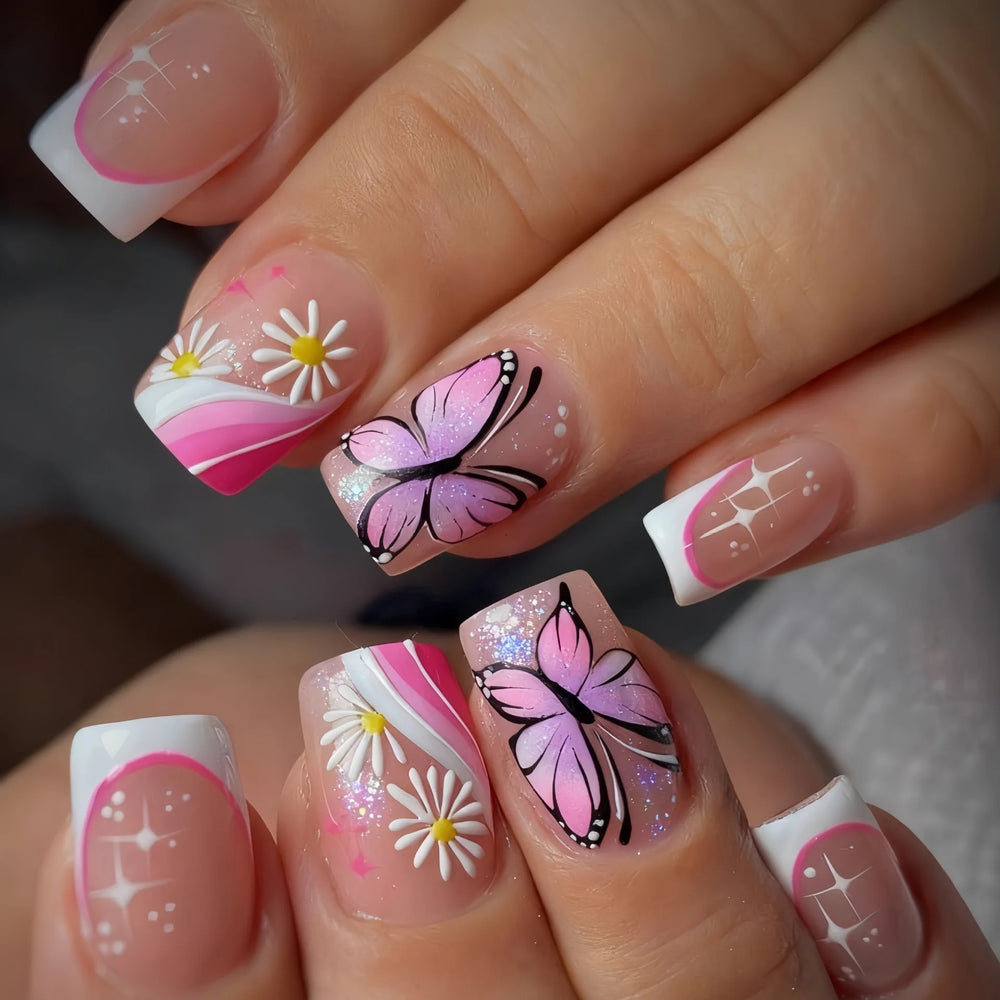 Flower & Butterfly French Press-On Nails – Medium Square