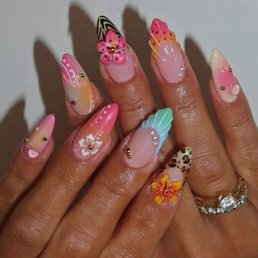 Tropical Hibiscus & Butterfly French Press-On Nails – Almond, 24 Pcs