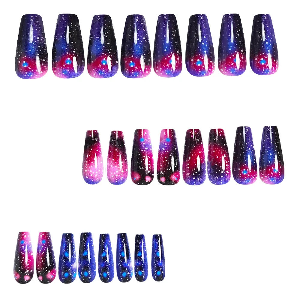 24pcs/set Gradient purple colors fake nails starry night sky glossy ballet shape nail tips full cover press on false nail set