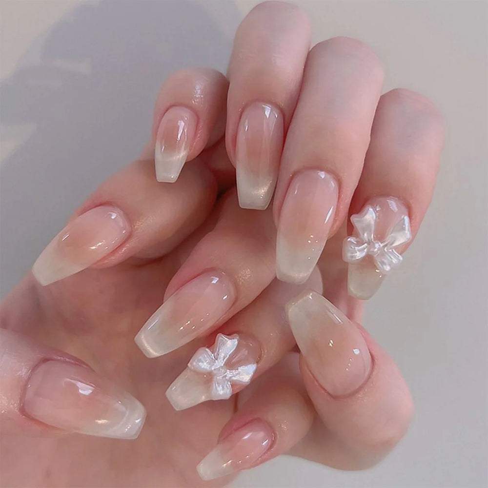 White French Tip Flowers & Bows Press-On Nails – Almond, 24 Pcs