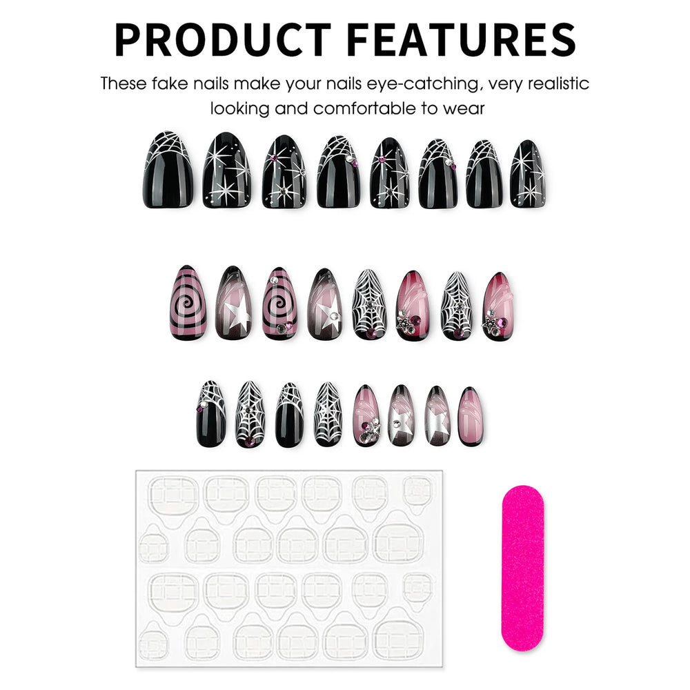 Black & Purple Spider Web Punk Press-On Nails – Almond, 24 Pcs