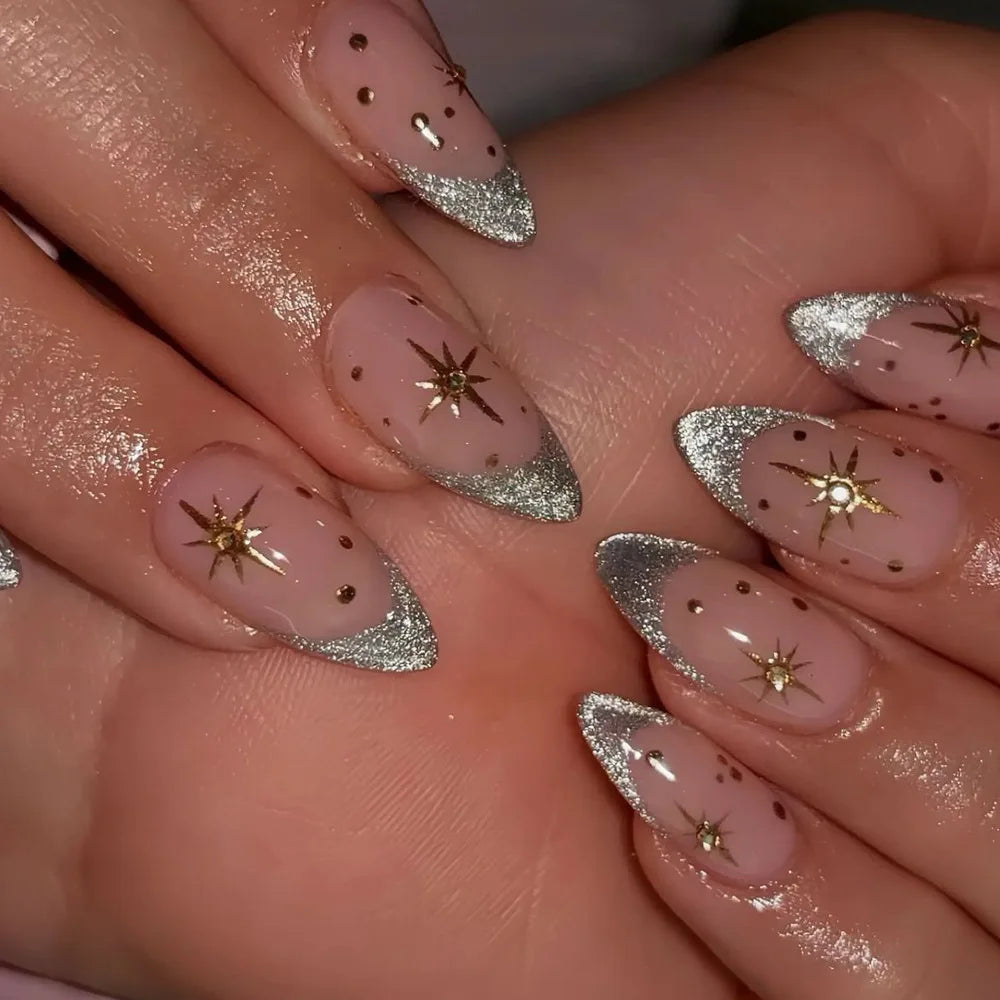 24pcs/set Medium long fake nails for summer season gradient dream blue golden Pink flash star wave lines press on false nail art