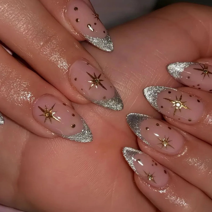 Dream Blue Gold Pink Star & Wave Summer Press-On Nails – Medium Long, 24 Pcs