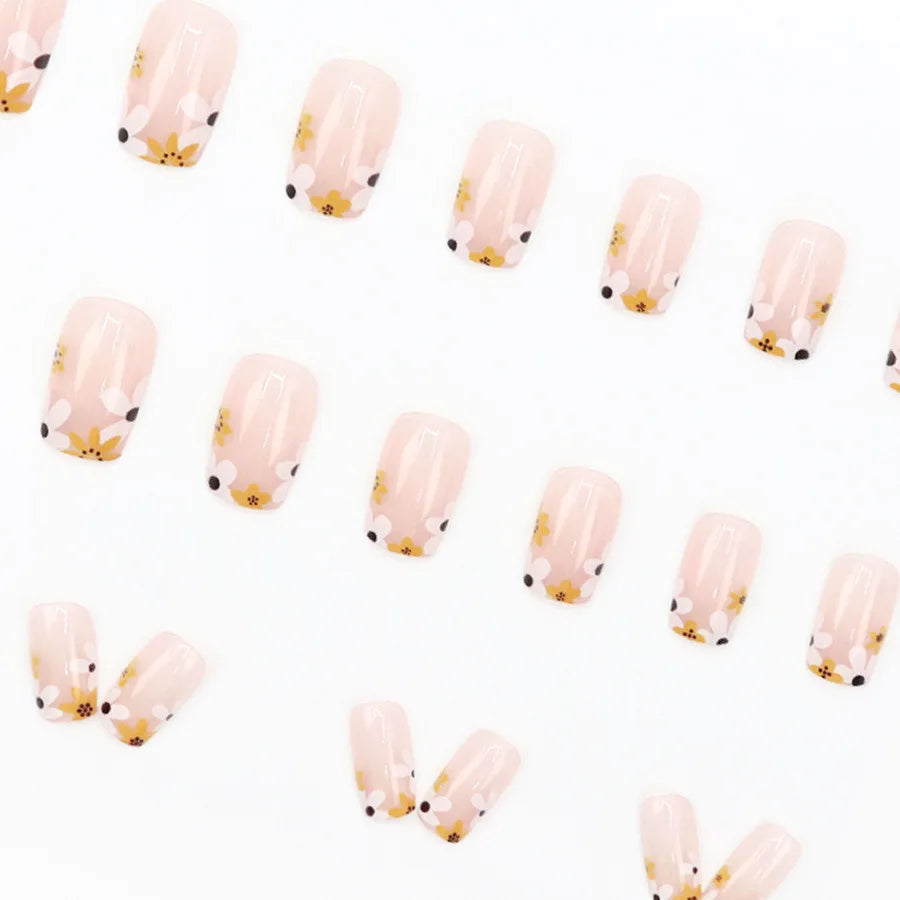 Nude square fake nails with fresh yellow white flowers print for women french style design full cover press on false nail set