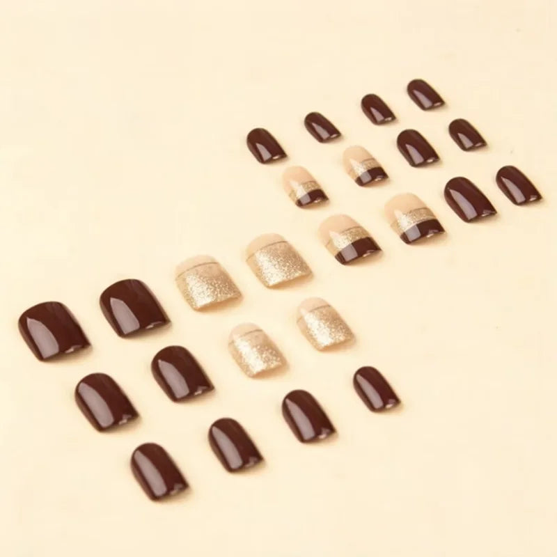 Short Square fake nails for women glossy brown tips golden silver glitters with strips design full cover press on false nail art