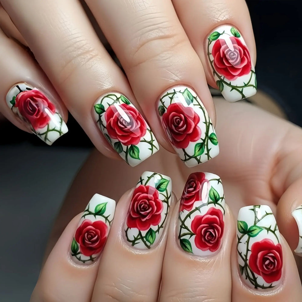 Red Rose Valentine's Press-On Nails – Black & White Square, Medium