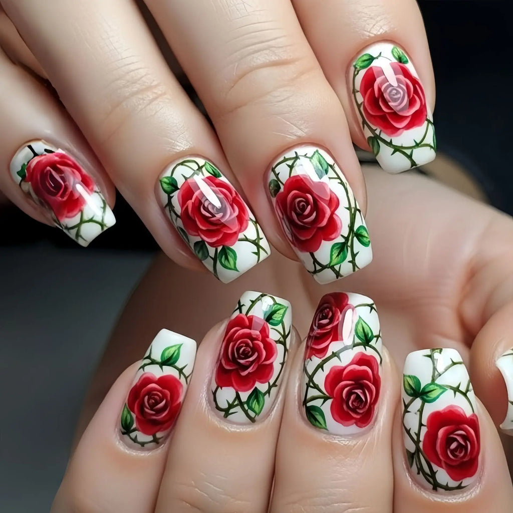 Medium Fake Nails for Women Girls Red Rose Flowers for Valentine's Day Black White Square Nail Tips Press On False Nail Art