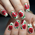 Medium Fake Nails for Women Girls Red Rose Flowers for Valentine's Day Black White Square Nail Tips Press On False Nail Art