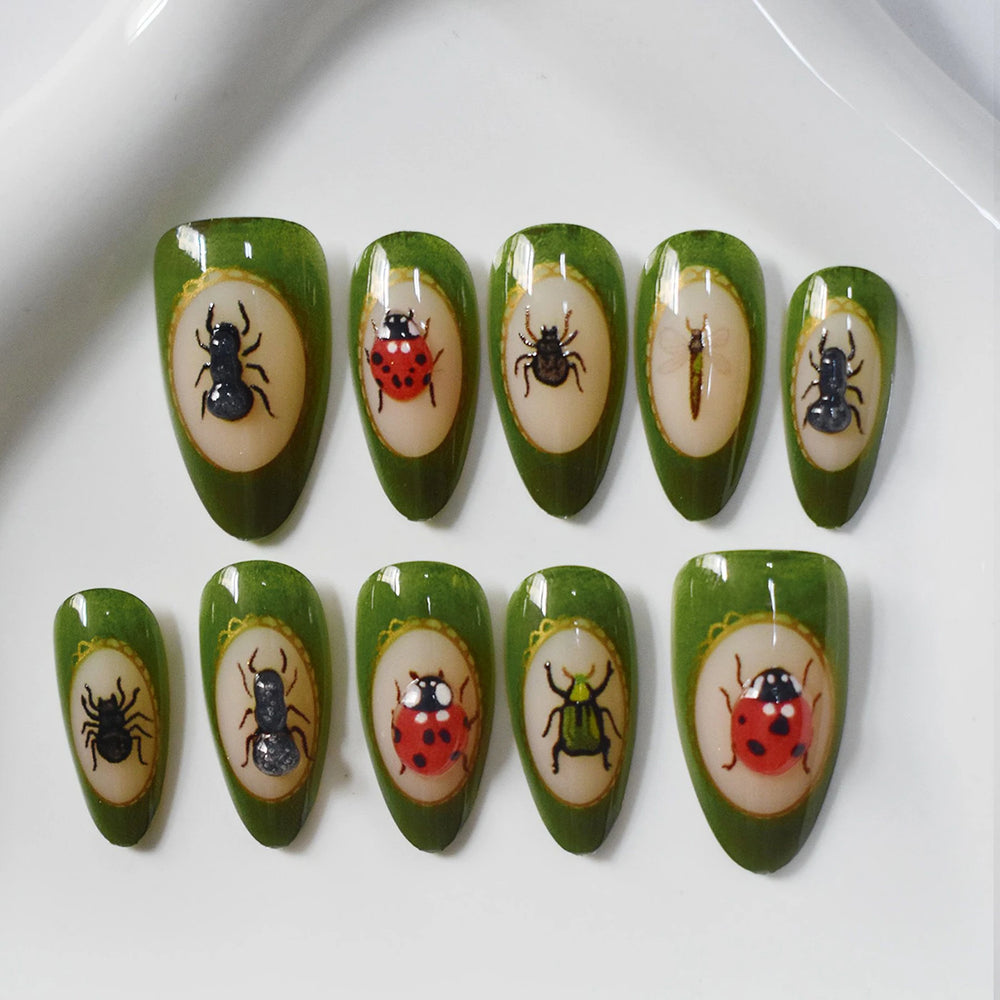 Dark Green Ladybug & Beetle Handmade Press-On Nails – Almond, 10 Pcs