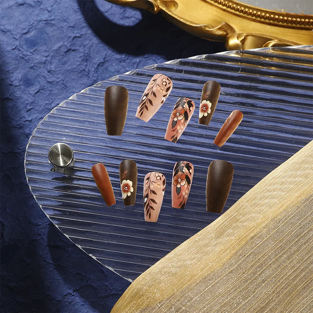 Medium fake nails for women coffee brown colors nail tips with flowers design ballet shape full cover reusable press on nails