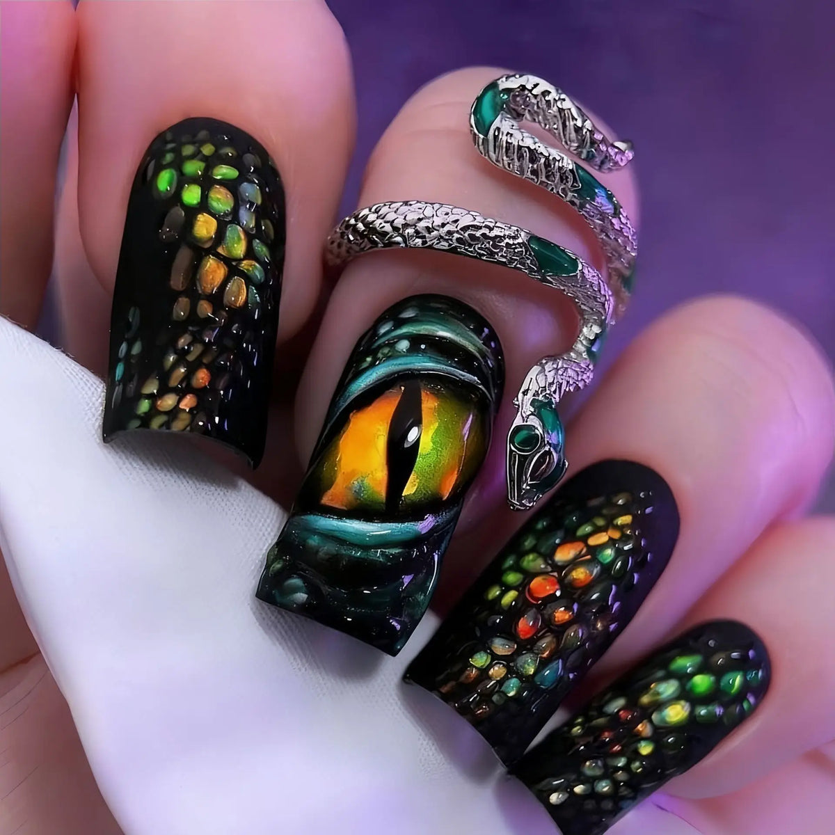 24pcs/set Medium long fake nails colorful Snake's stripes and eyes golden black human pattern square ballet tips press on nails