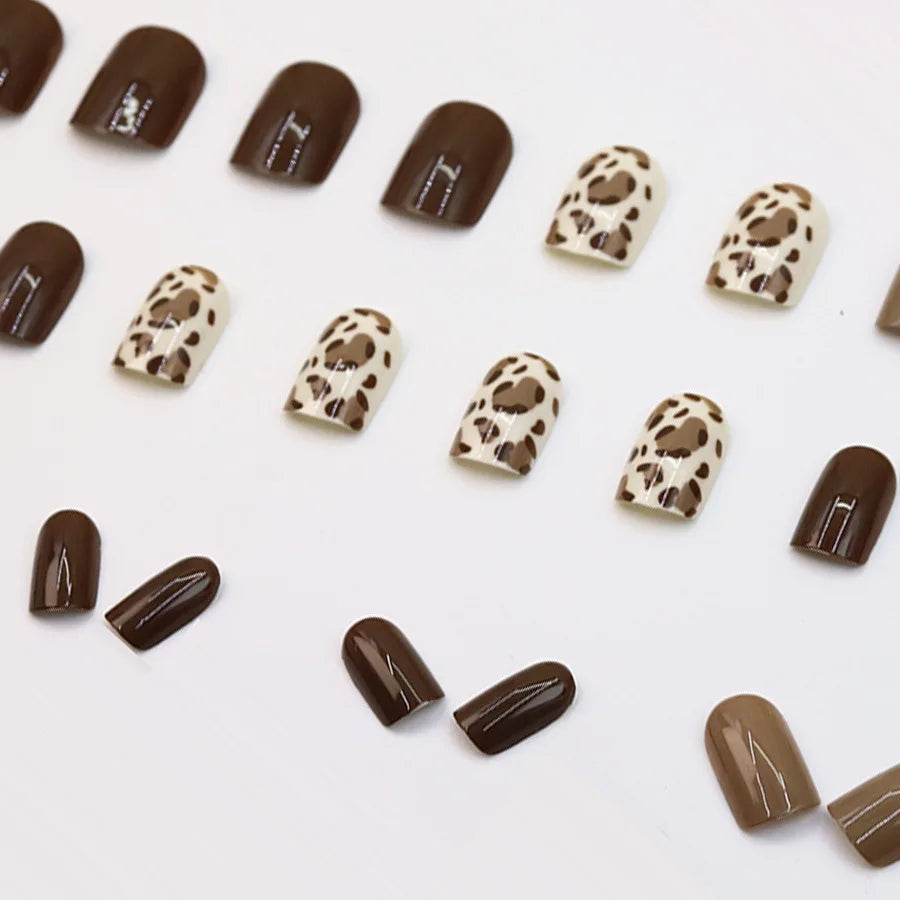 Short Medium fake nails for women girls nude brown black square nail tips with leopard print full cover press on false nail art