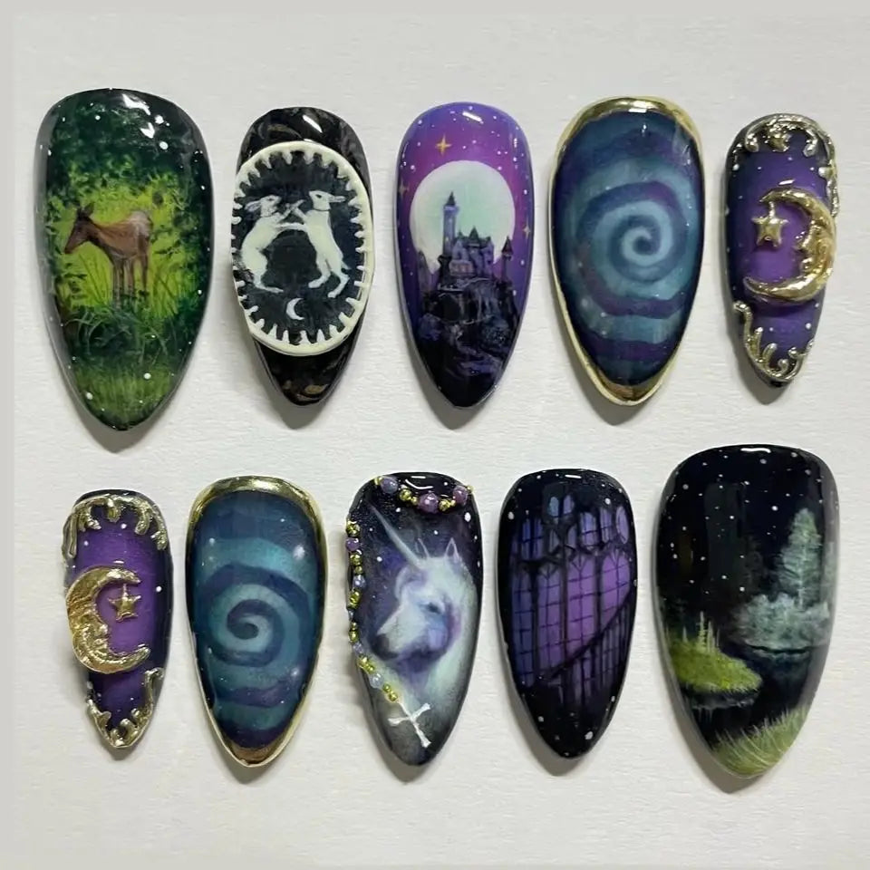 Vintage Painting Star, Moon & Swan Press-On Nails – Almond, 24 Pcs