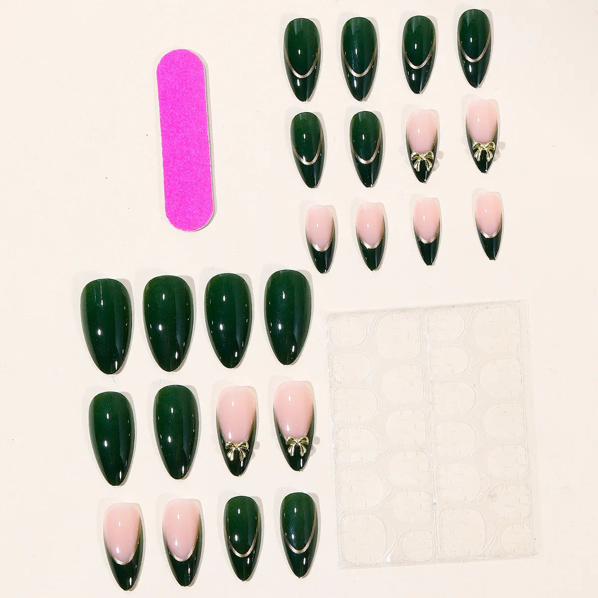 Medium fake nails for women nude dark green colors with golden Arc-shaped stripe bowknot almond nail tips press on false nail