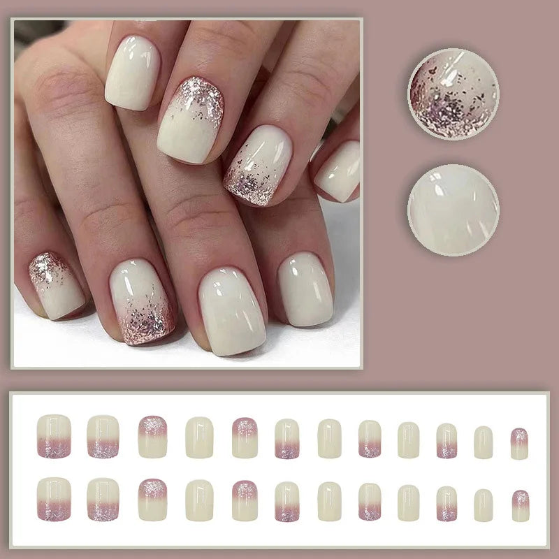 Short fake nails for women gilrs creamy white & brown colors with sparkling glitters Square shape full cover press on false nail