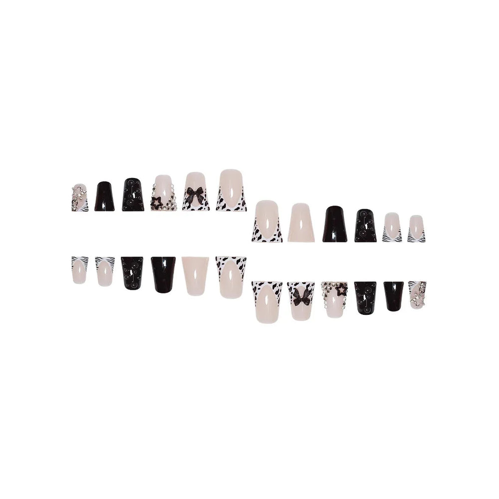 Glossy Black Bow & Star Rhinestone Press-On Nails – Short Duckbill, 24 Pcs