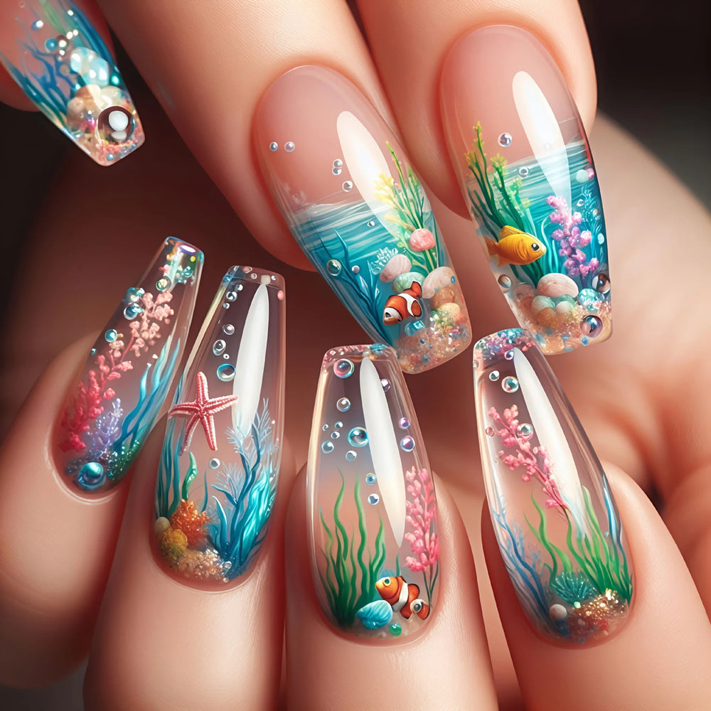 Blue Ocean Fish & Jellyfish Press-On Nails – Medium Long, 24 Pcs