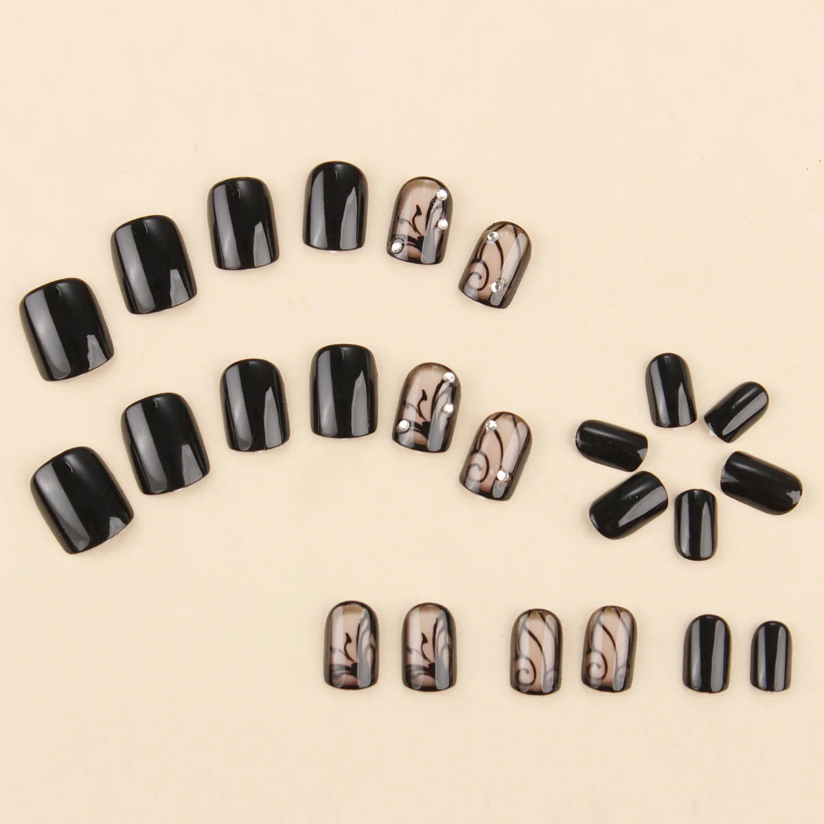 Short Medium fake nails for women gilrs black red flowers strips design full cover square ballet tips press on false nail art