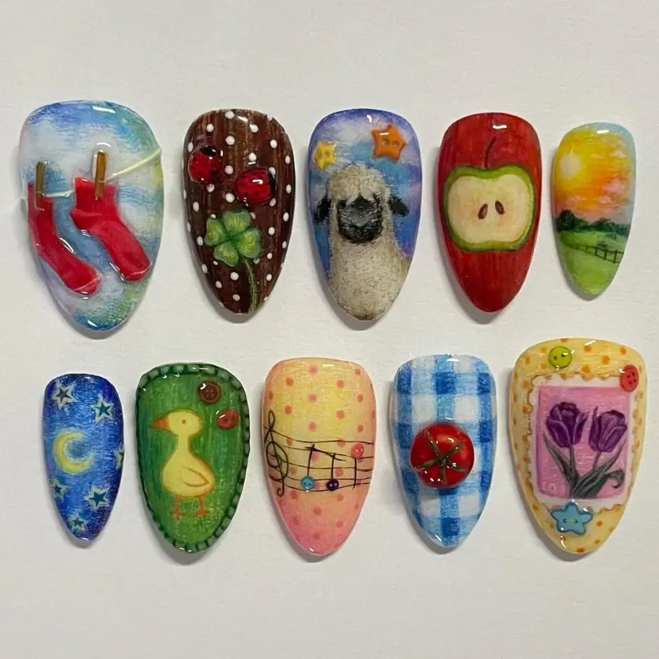 Cute Cartoon Oil Painting Press-On Nails – Almond, 24 Pcs