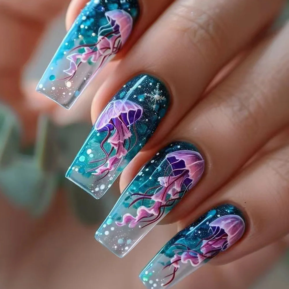 Ocean Jellyfish & Turtle Cute Animal Press-On Nails – Medium Long, 24 Pcs