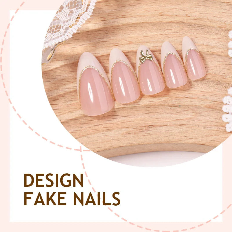 Medium fake nails for women girls french almond nude white nail tips with golden strips bowknot full cover press on false nail