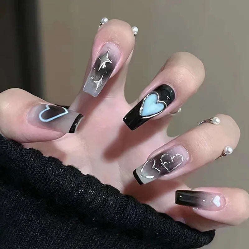Black Ombre French Press-On Nails – Long Ballerina, 24 Pcs