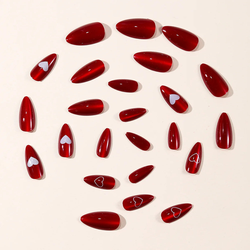 New Year Red Cat Eye Heart Bow Press-On Nails – Medium Square Almond